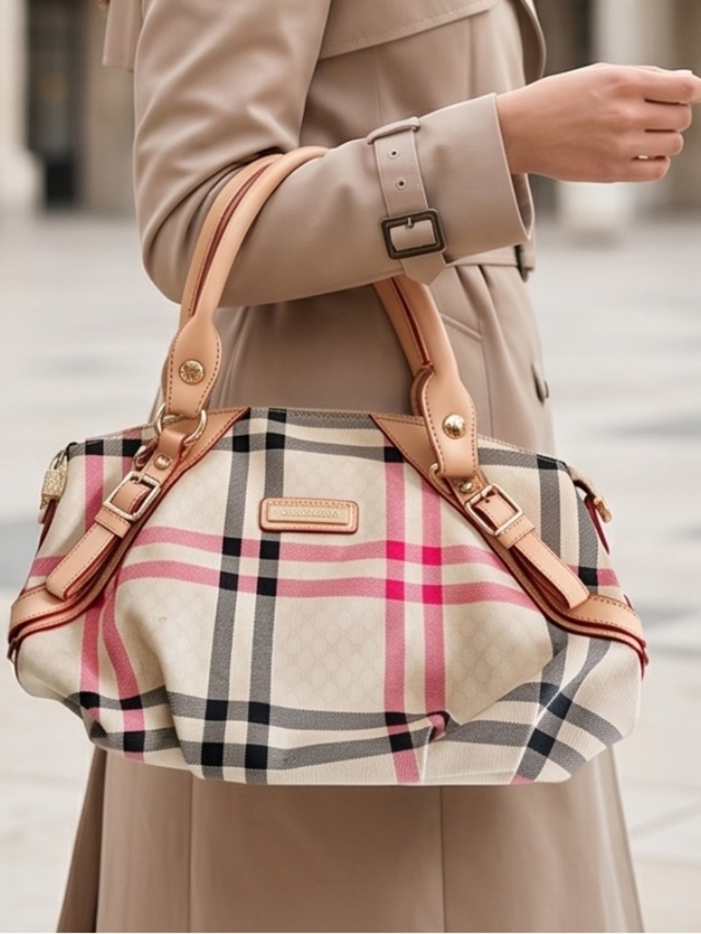 Designer Beige Plaid Tote Bag with Pink Accent